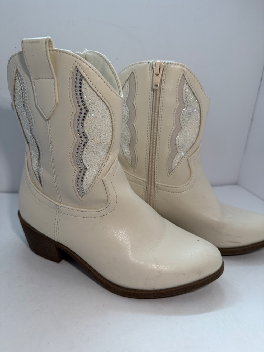 Girls Cream Glitter Western Zip Boots with Rhinestone Trim